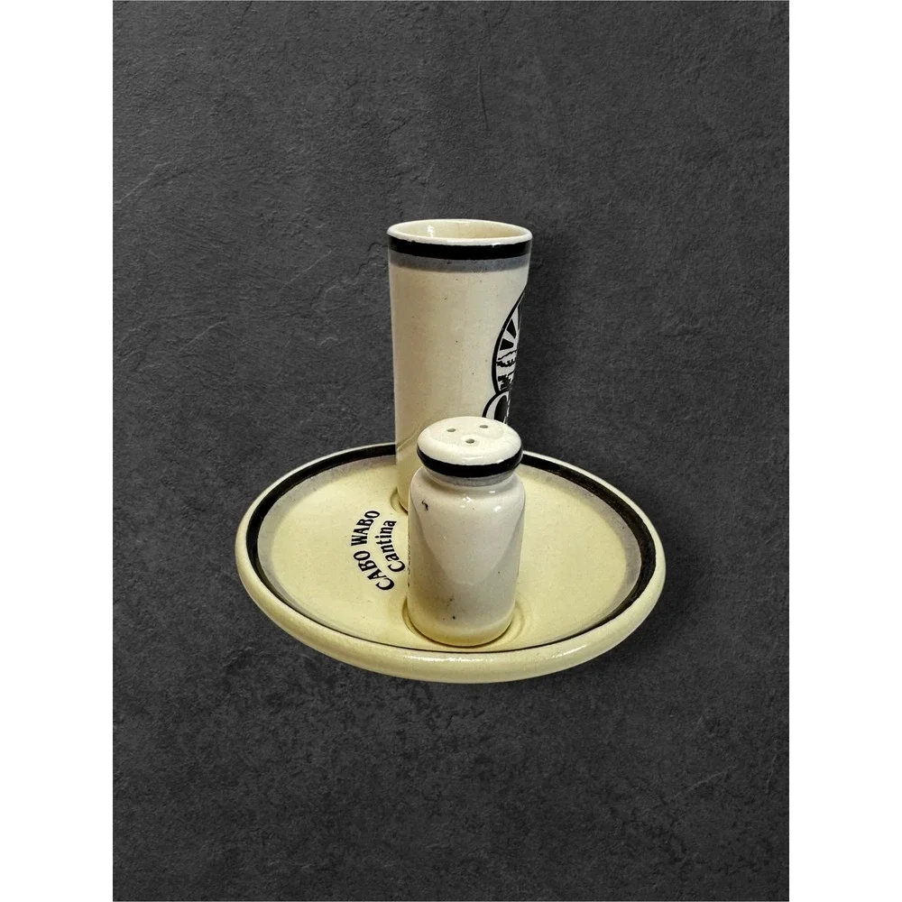Cabo Wabo Cantina Ceramic Shot Glass Salt Shaker Tray Set Cream Black Mexico